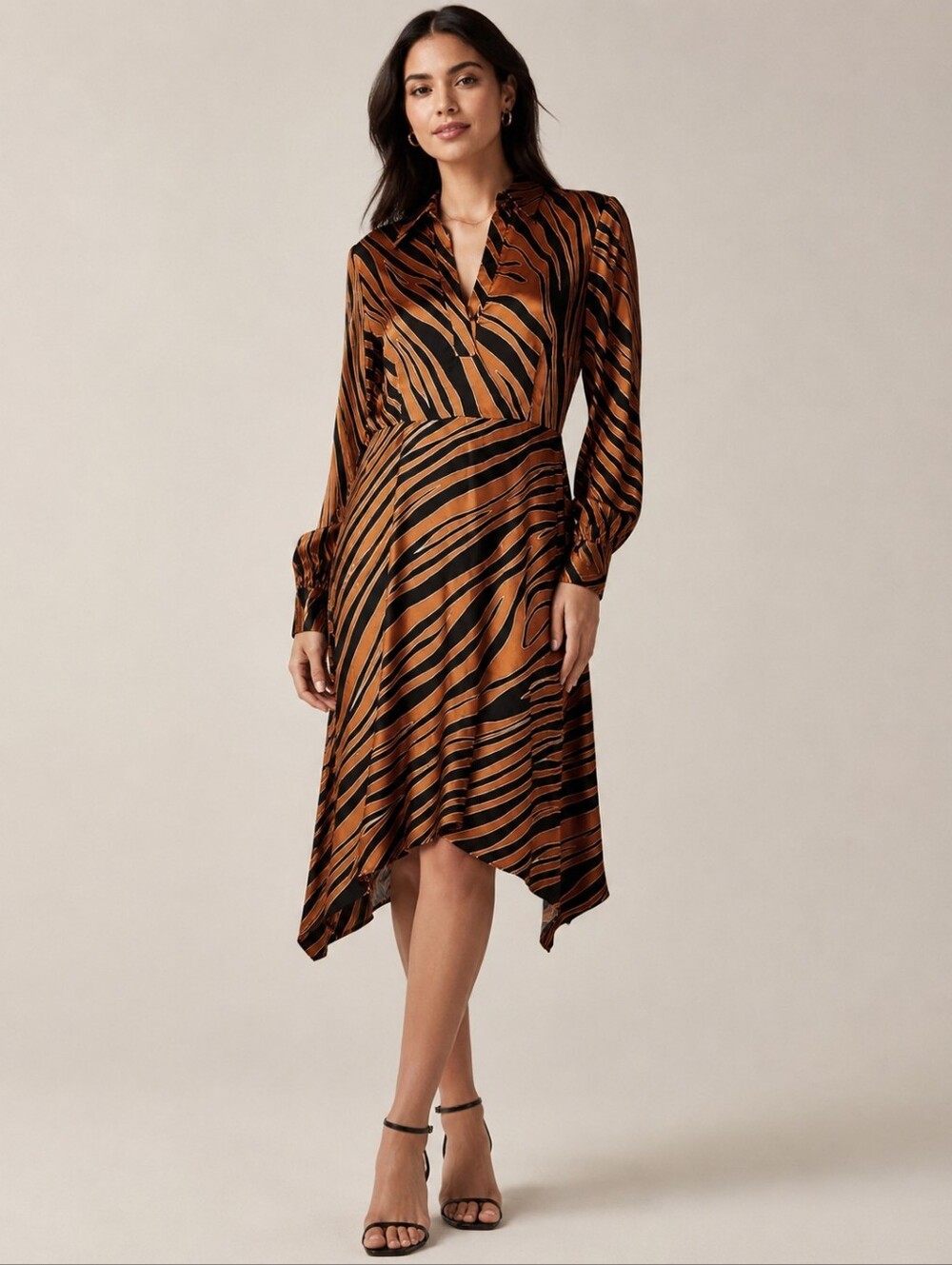 NEXT Women's Satin Tiger Print Midi Dress Orange Black Long Sleeve V-Neck 10